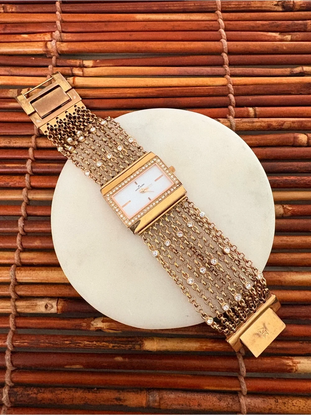 Anne Klein Rose Gold Crystal-Trim Chain Bracelet Watch 7”